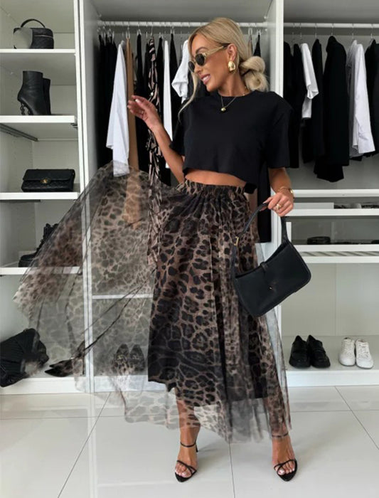 Leopard Print Mesh Midi Skirt