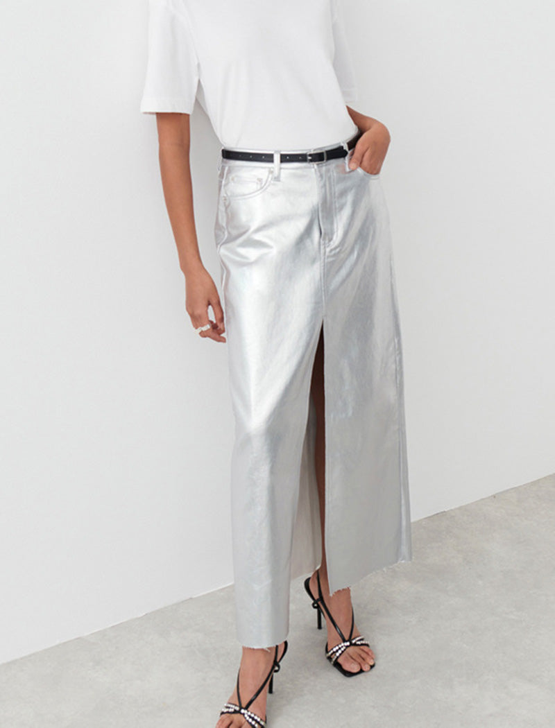 Faux Leather Slit Midi Skirt