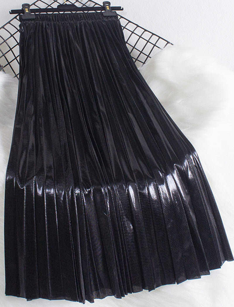 Metallic Pleated Midi Skirt