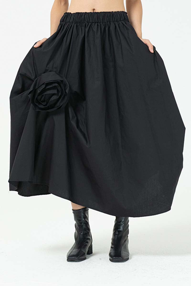 Gathered Midi Skirt with Decorative Flower