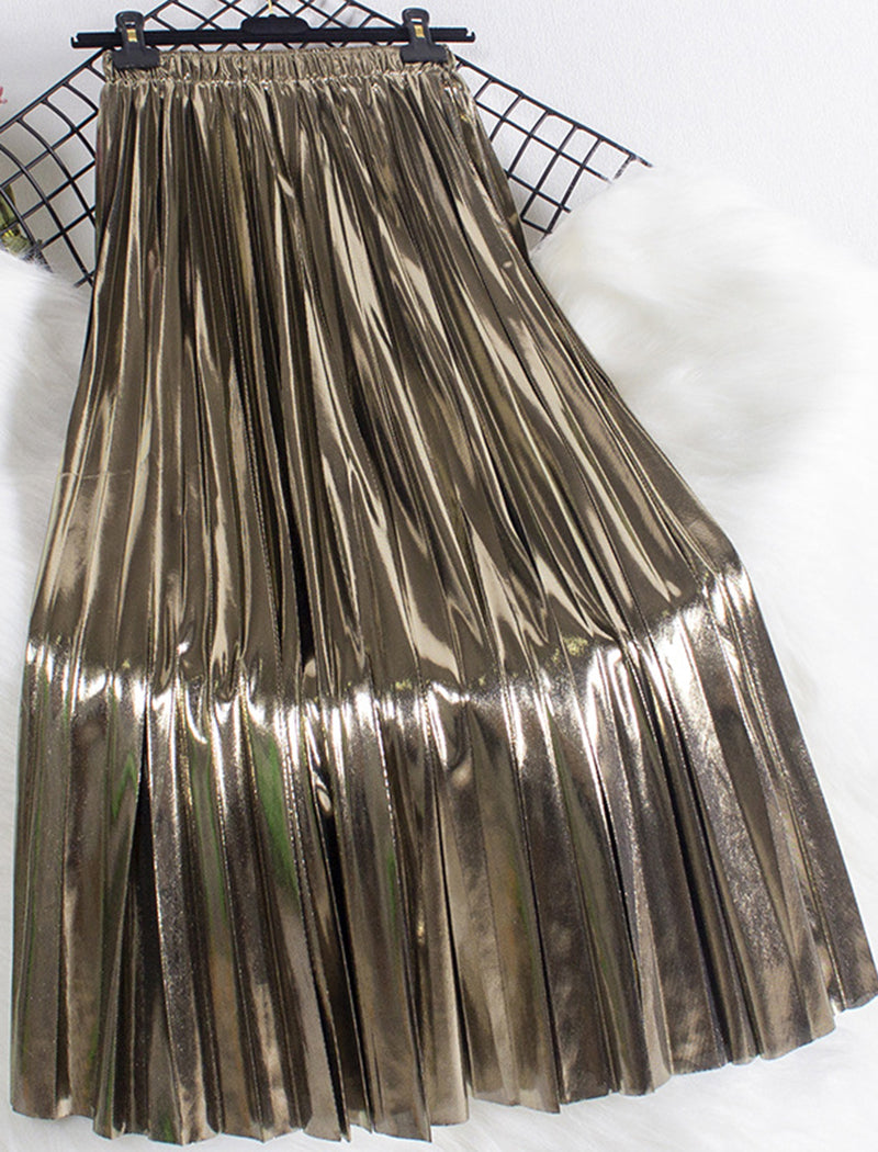 Metallic Pleated Midi Skirt