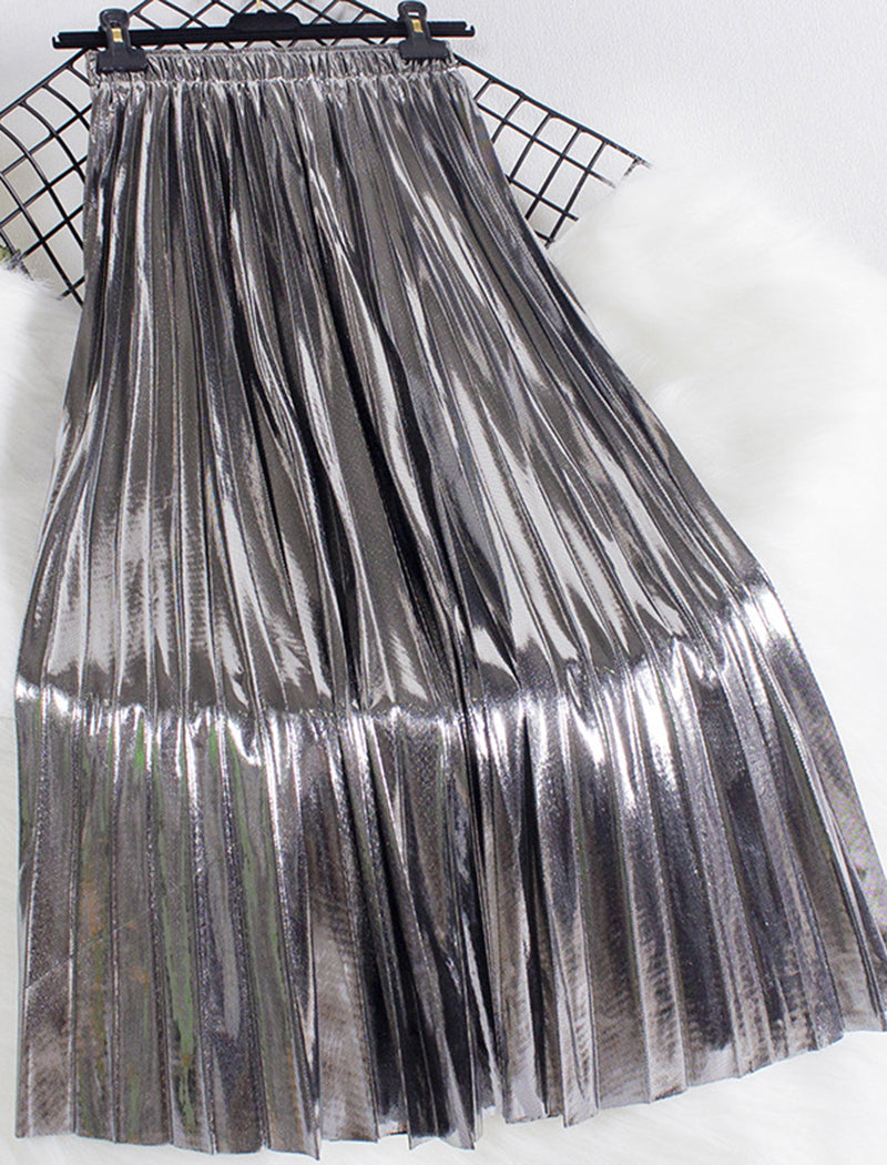 Metallic Pleated Midi Skirt