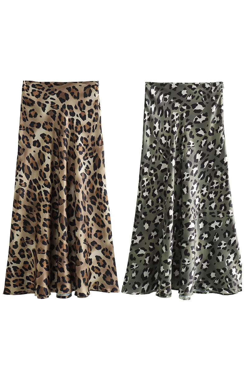 Leopard Satin Flare Slip Skirt