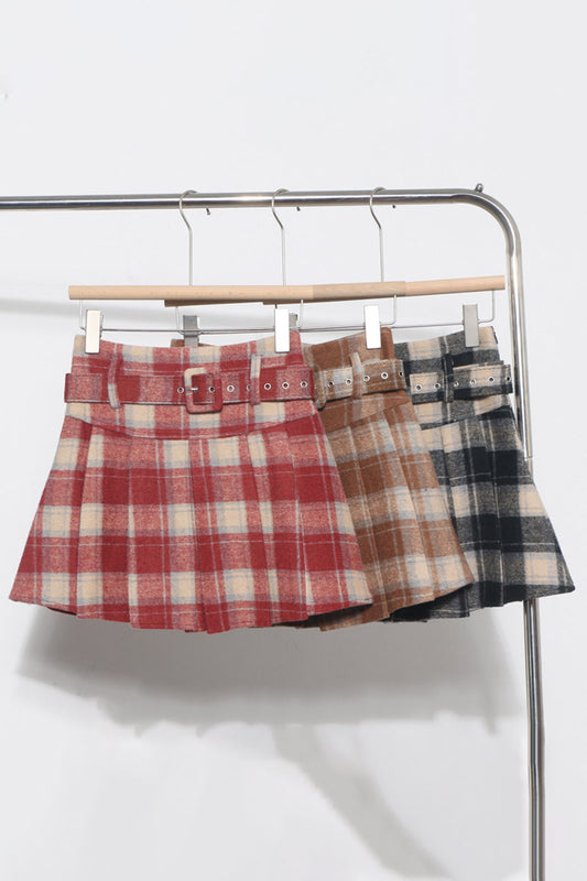 Belted Plaid Pleated Mini Skirt