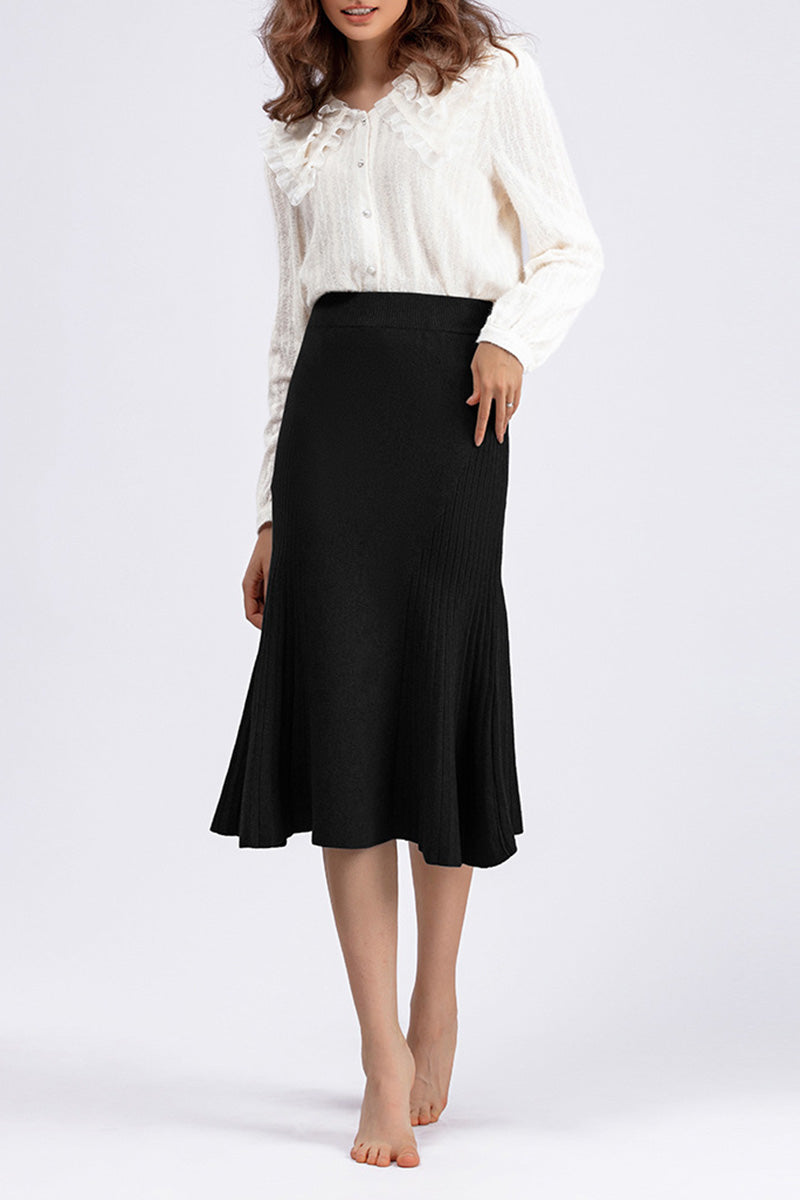 Ribbed Knit Flared Midi Skirt