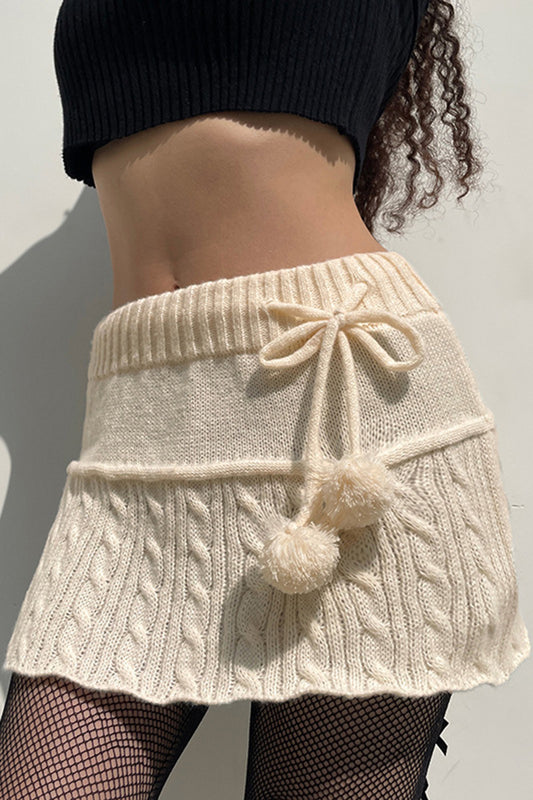 Knit Mini Skirt with Pom-Pom Detail