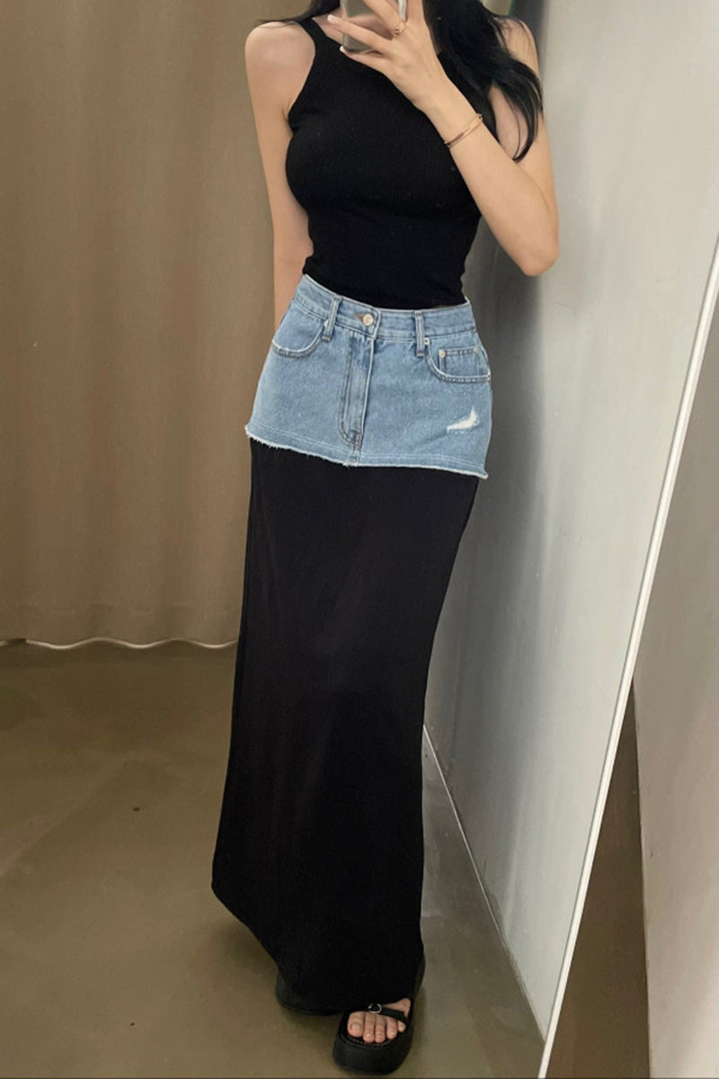 Denim Waist Maxi Skirt