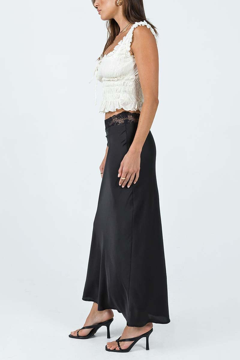 Satin Midi Skirt with Lace Detail