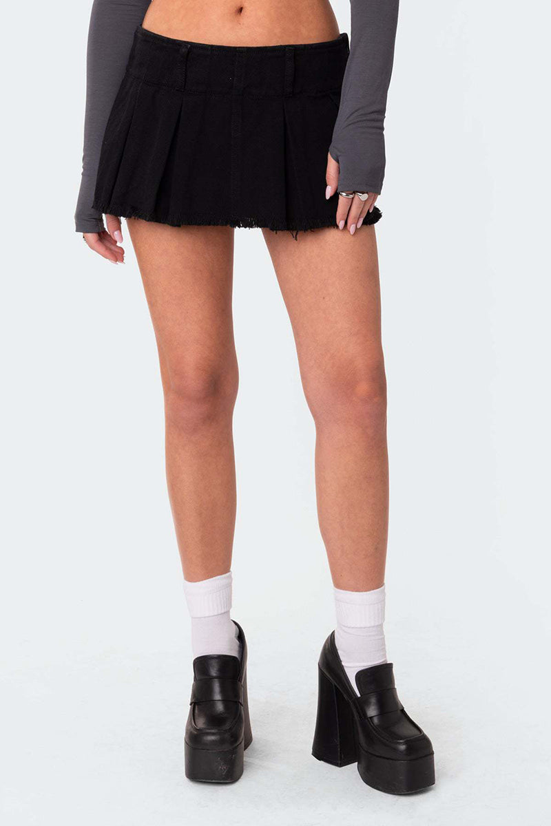 Frayed Pleated Mini Skirt