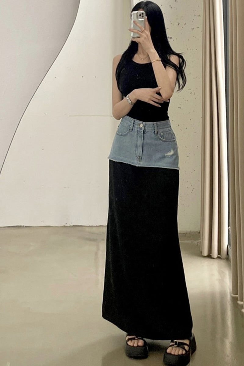 Denim Waist Maxi Skirt