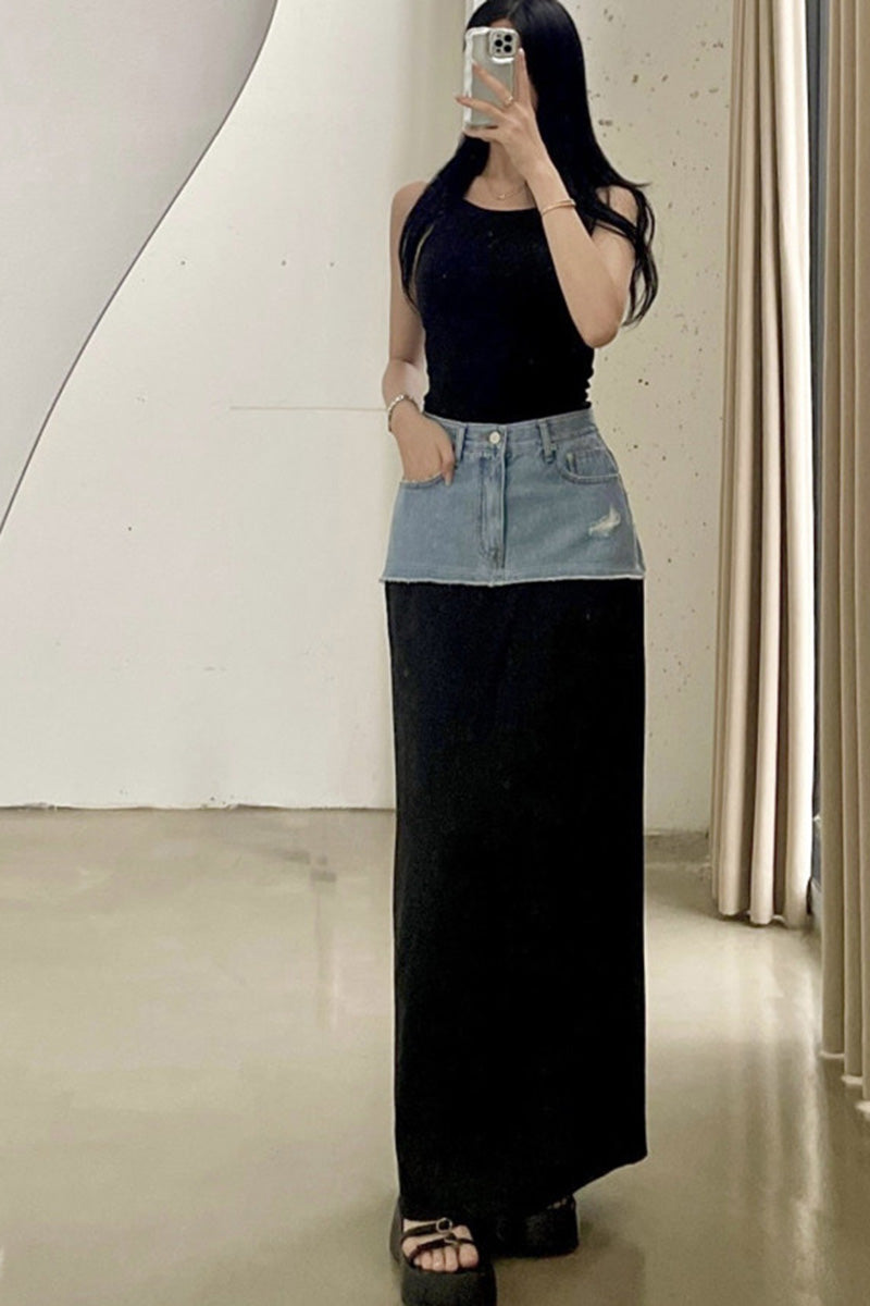 Denim Waist Maxi Skirt