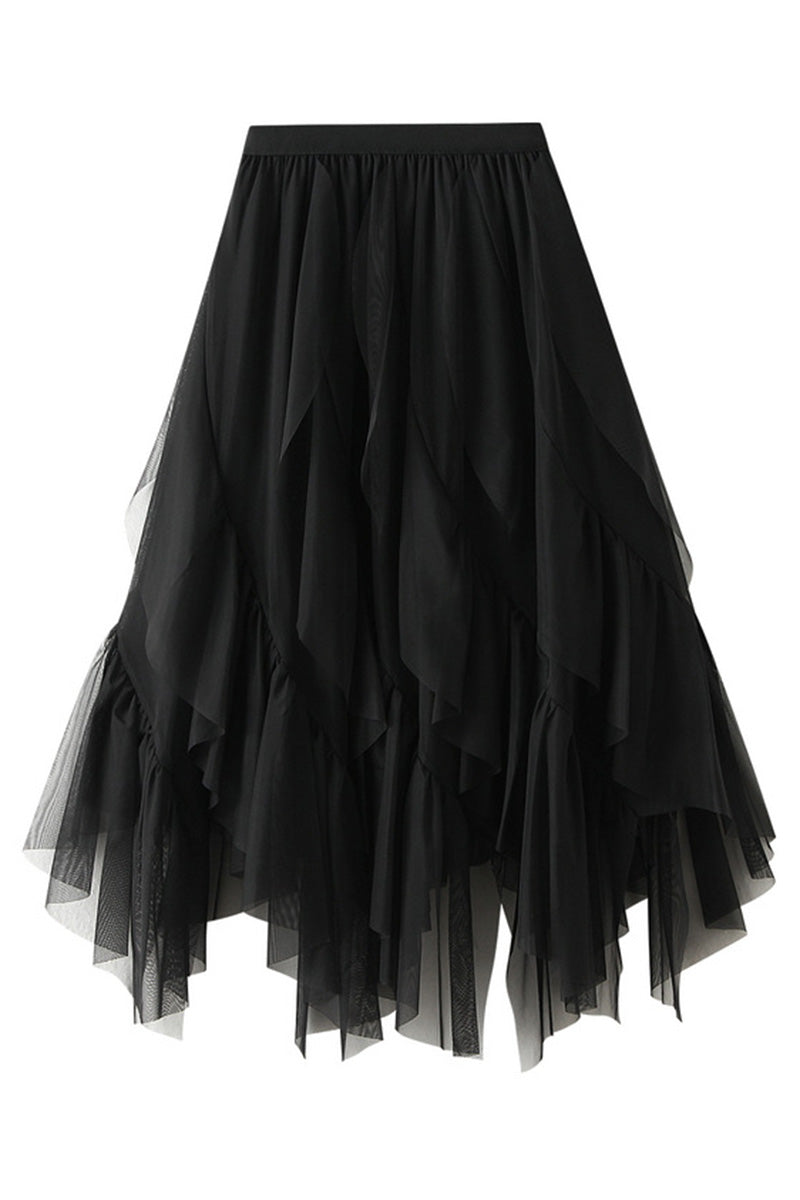 Layered Ruffle Midi Skirt with High-Low Hem