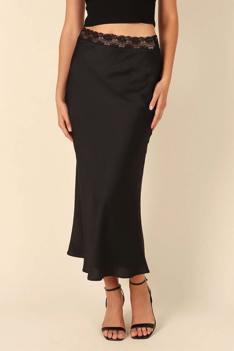 Satin Midi Skirt with Lace Detail