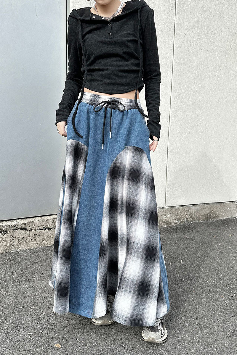 Plaid Denim Patchwork Skirt