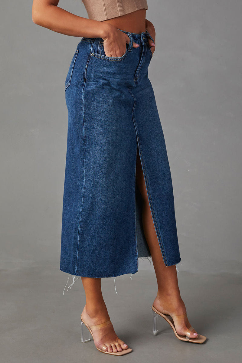 High-Rise Denim Midi Skirt