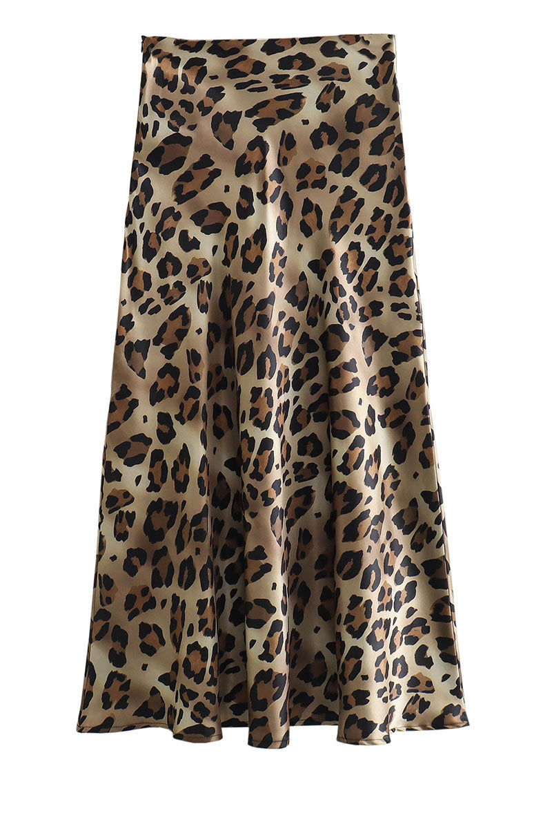 Leopard Satin Flare Slip Skirt