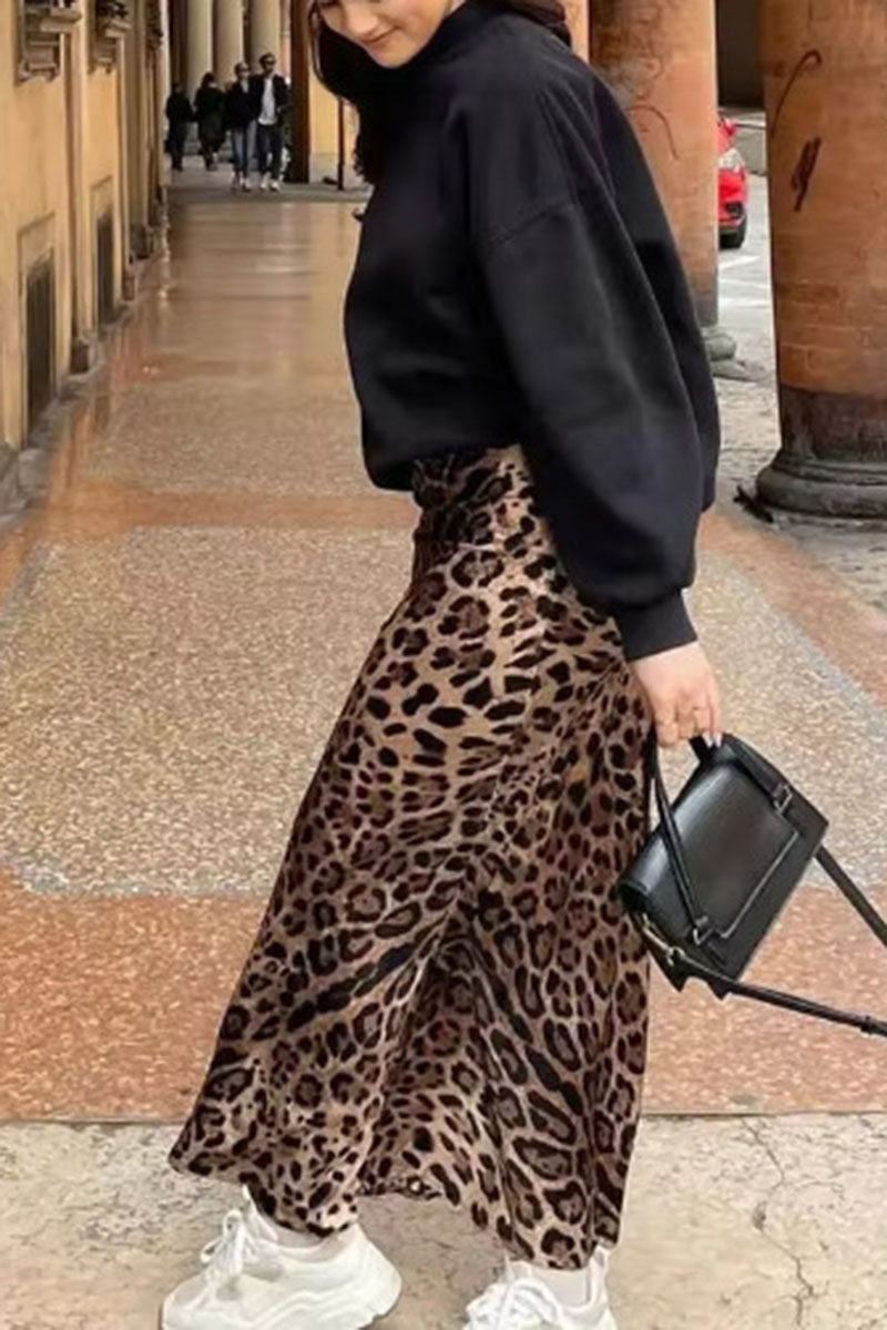 Leopard Satin Flare Slip Skirt