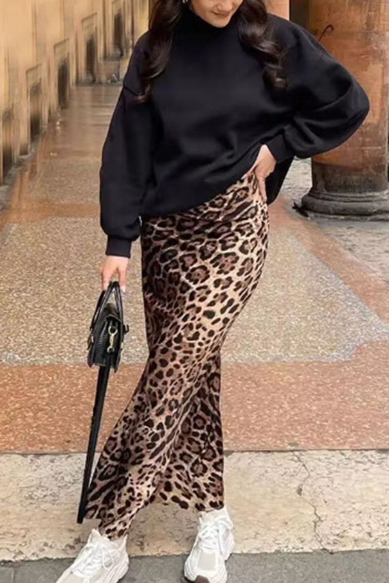 Leopard Satin Flare Slip Skirt