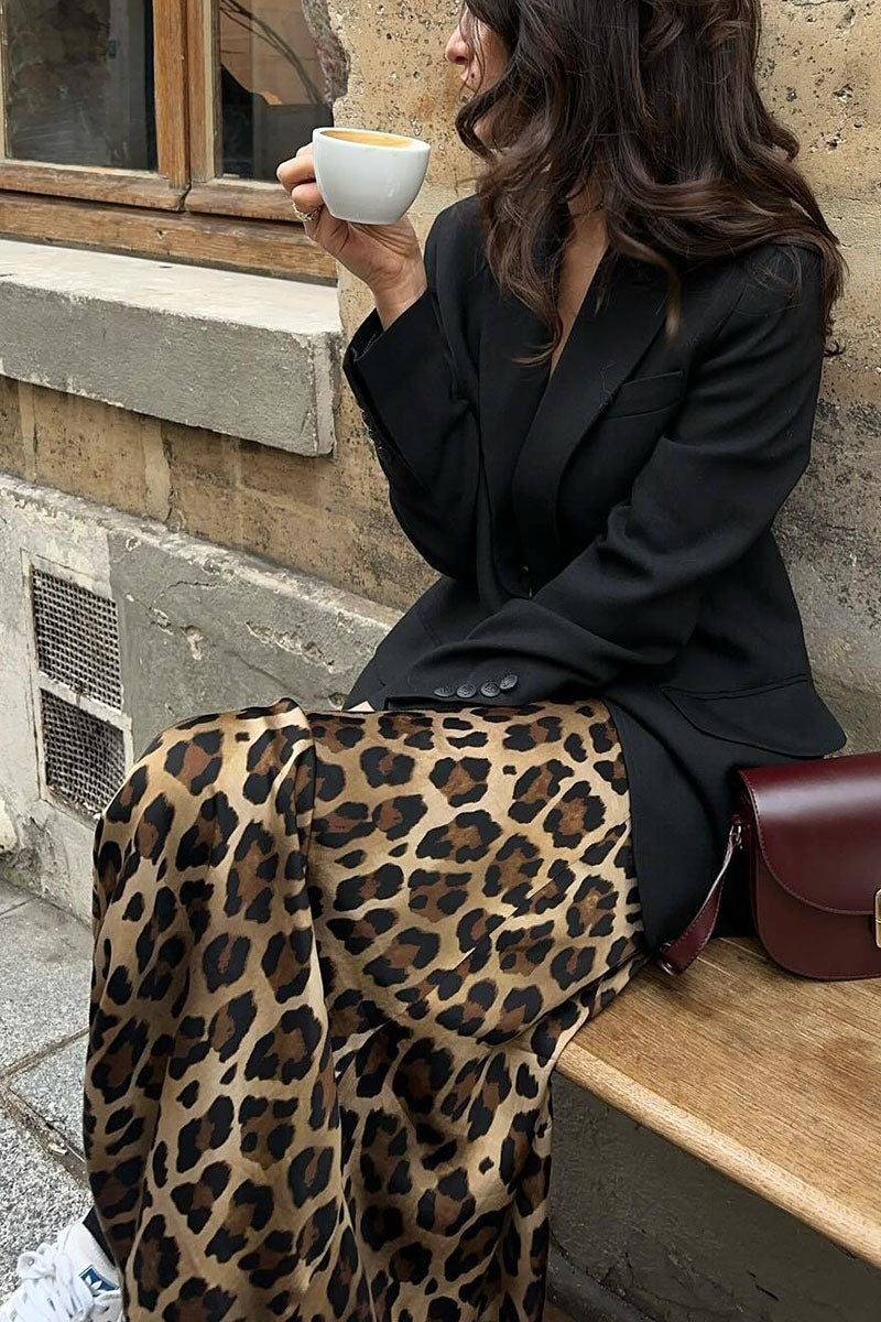 Leopard Satin Flare Slip Skirt