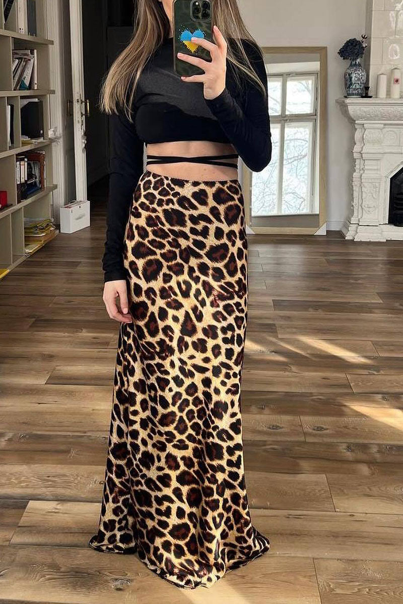 Leopard Satin Flare Slip Skirt