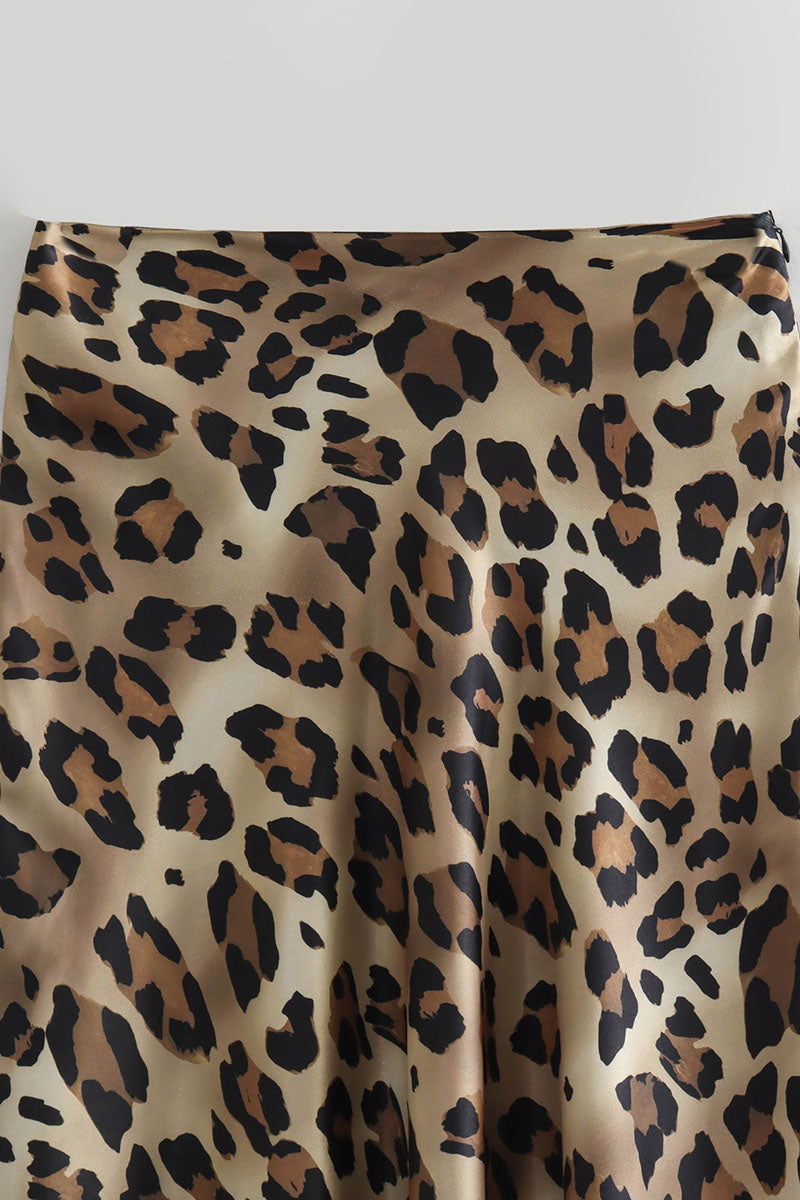 Leopard Satin Flare Slip Skirt