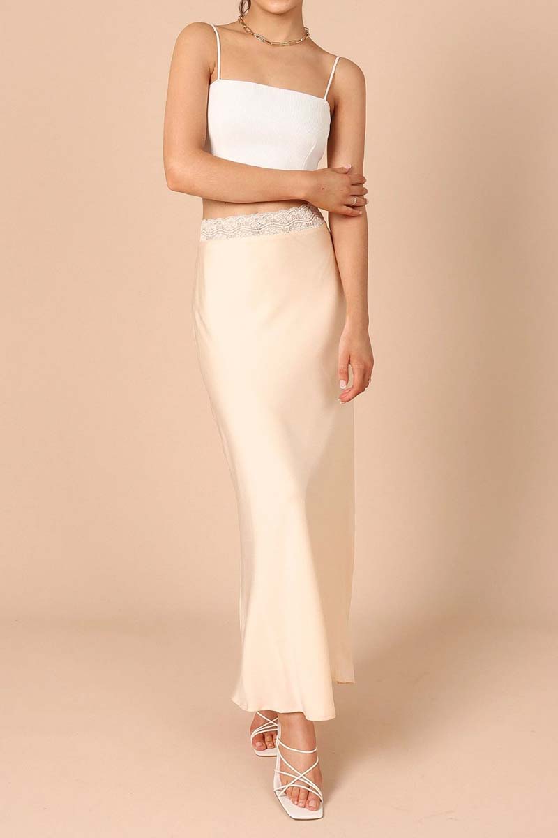 Satin Midi Skirt with Lace Detail