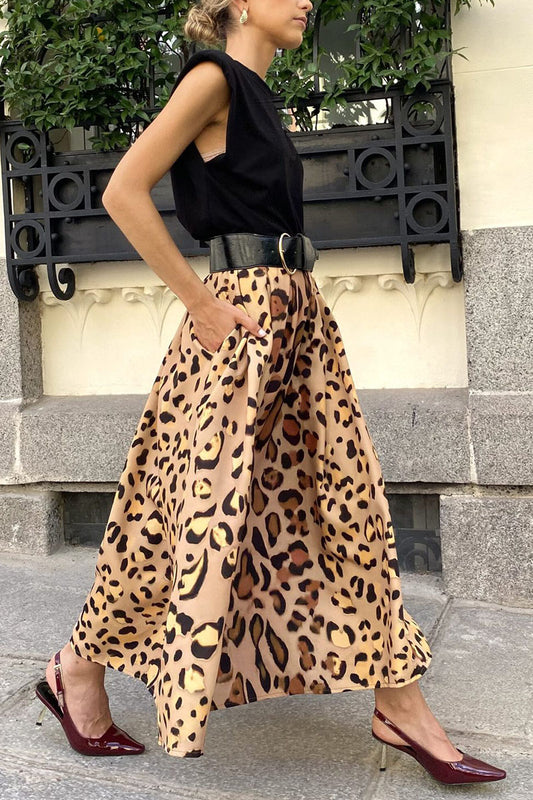 Leopard Print A-Line Midi Skirt with Pockets