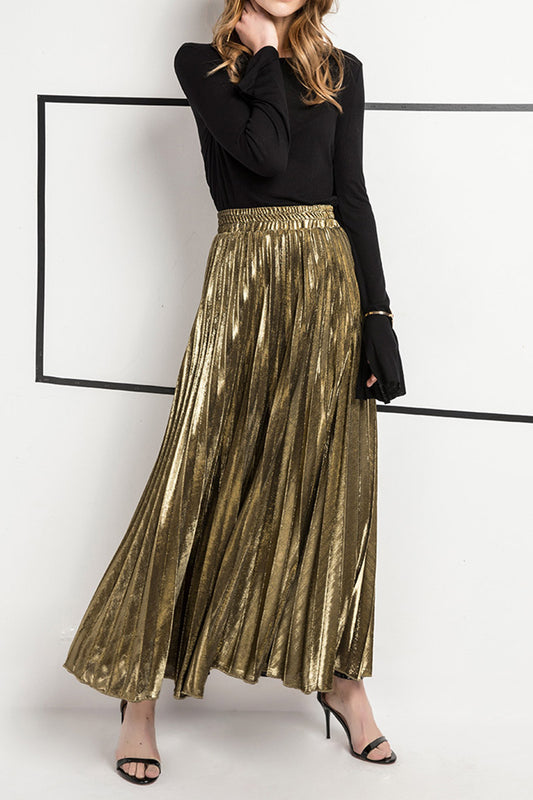 Metallic Pleated Maxi Skirt