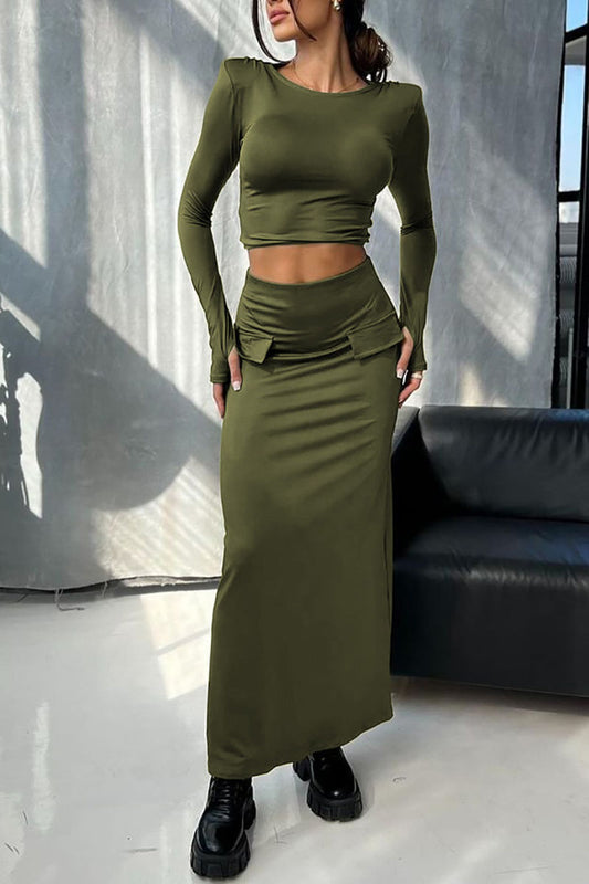 Long Sleeve Crop Top and High-Waist Maxi Skirt