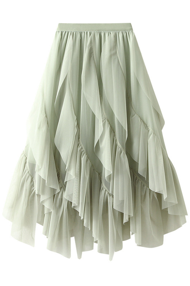 Layered Ruffle Midi Skirt with High-Low Hem