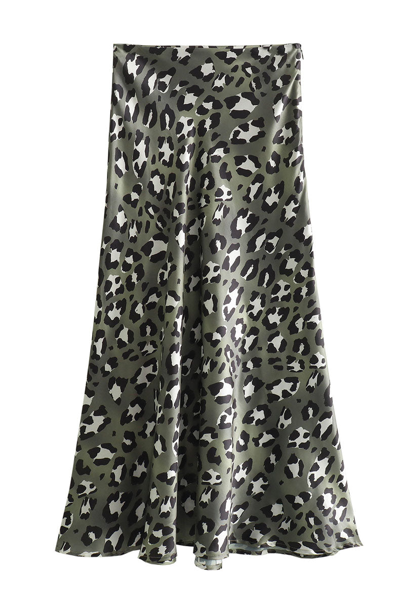 Leopard Satin Flare Slip Skirt