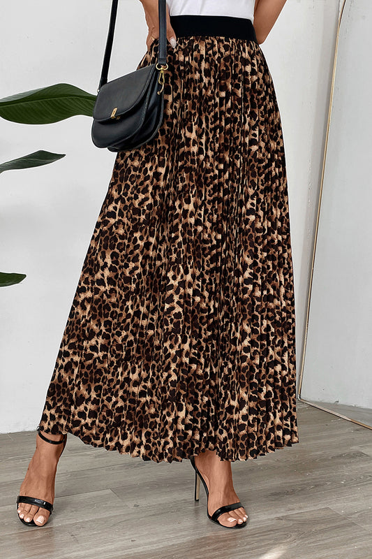 Pleated A-Line Skirt with Leopard Print