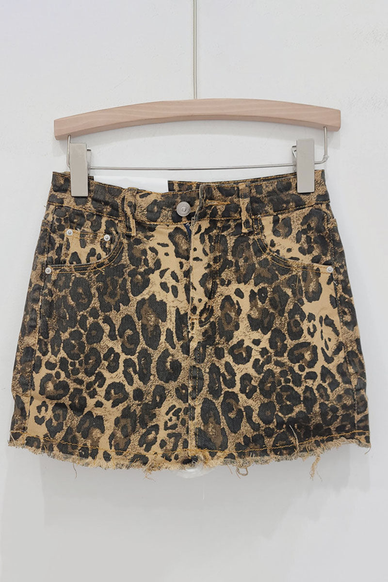 Distressed Leopard Print Denim Skirt