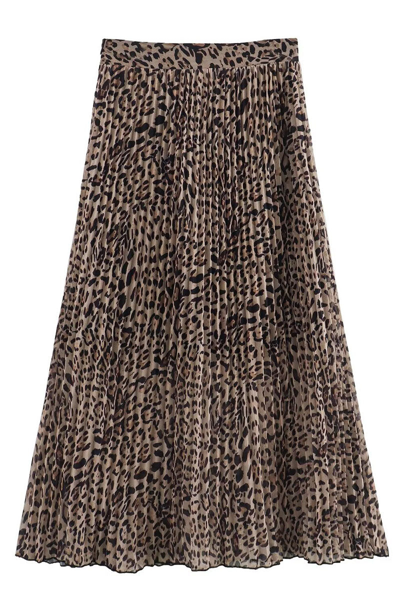 Pleated Animal Print Midi Skirt