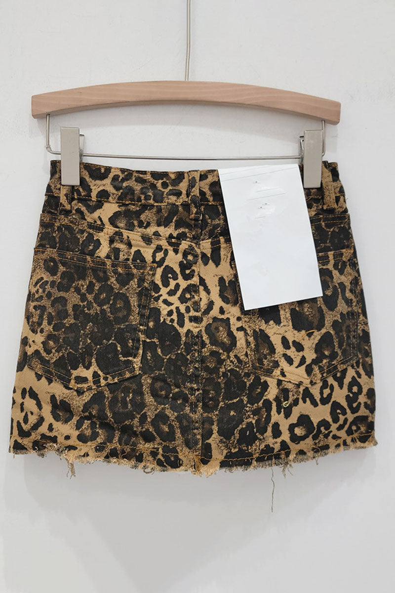 Distressed Leopard Print Denim Skirt