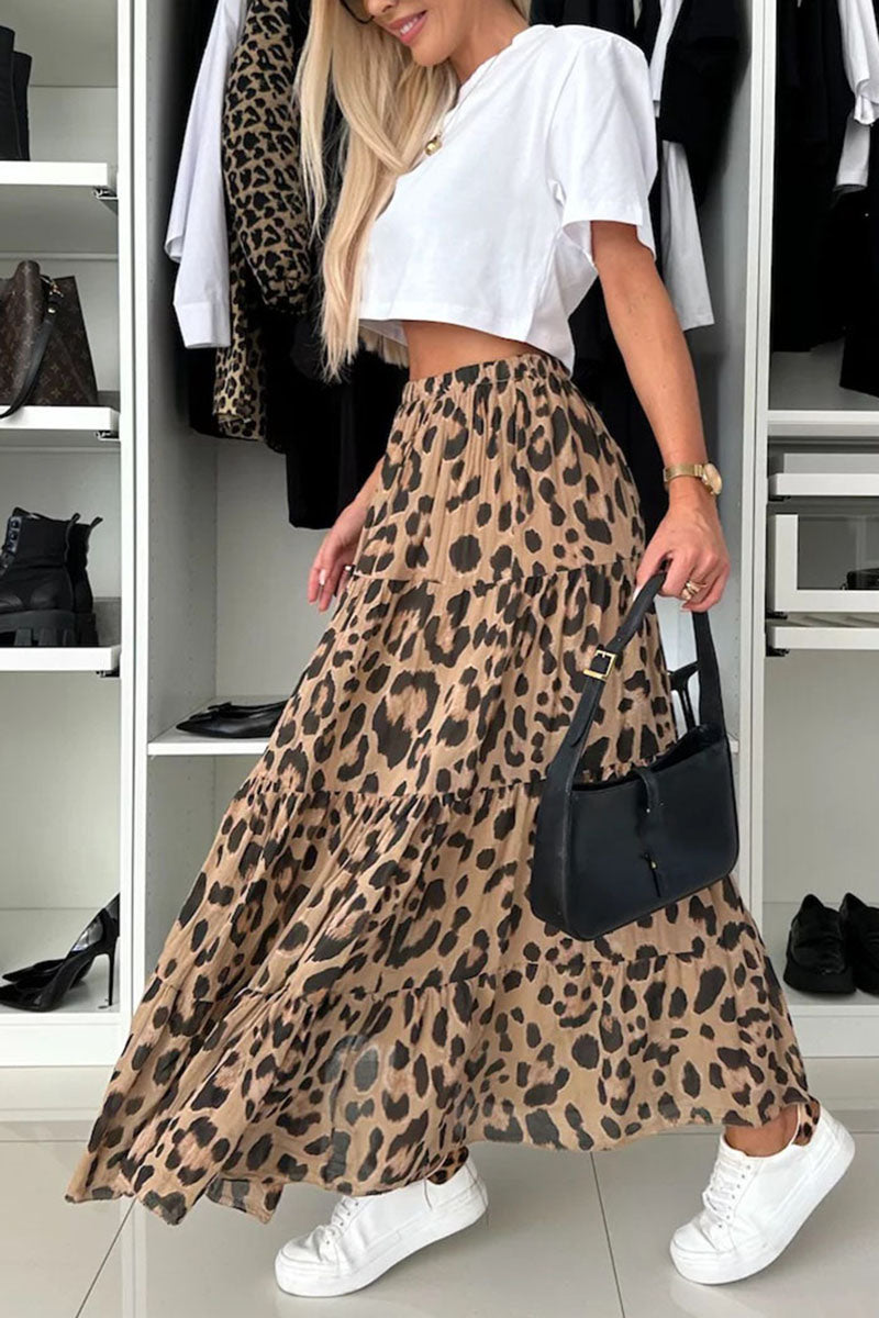 Leopard Print Tiered Maxi Skirt