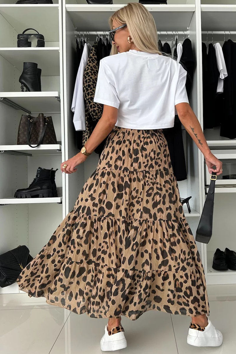 Leopard Print Tiered Maxi Skirt