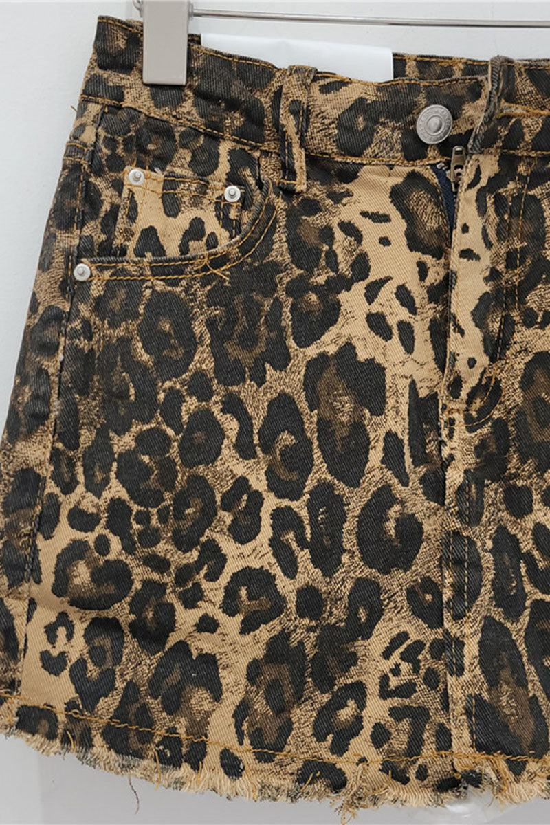 Distressed Leopard Print Denim Skirt