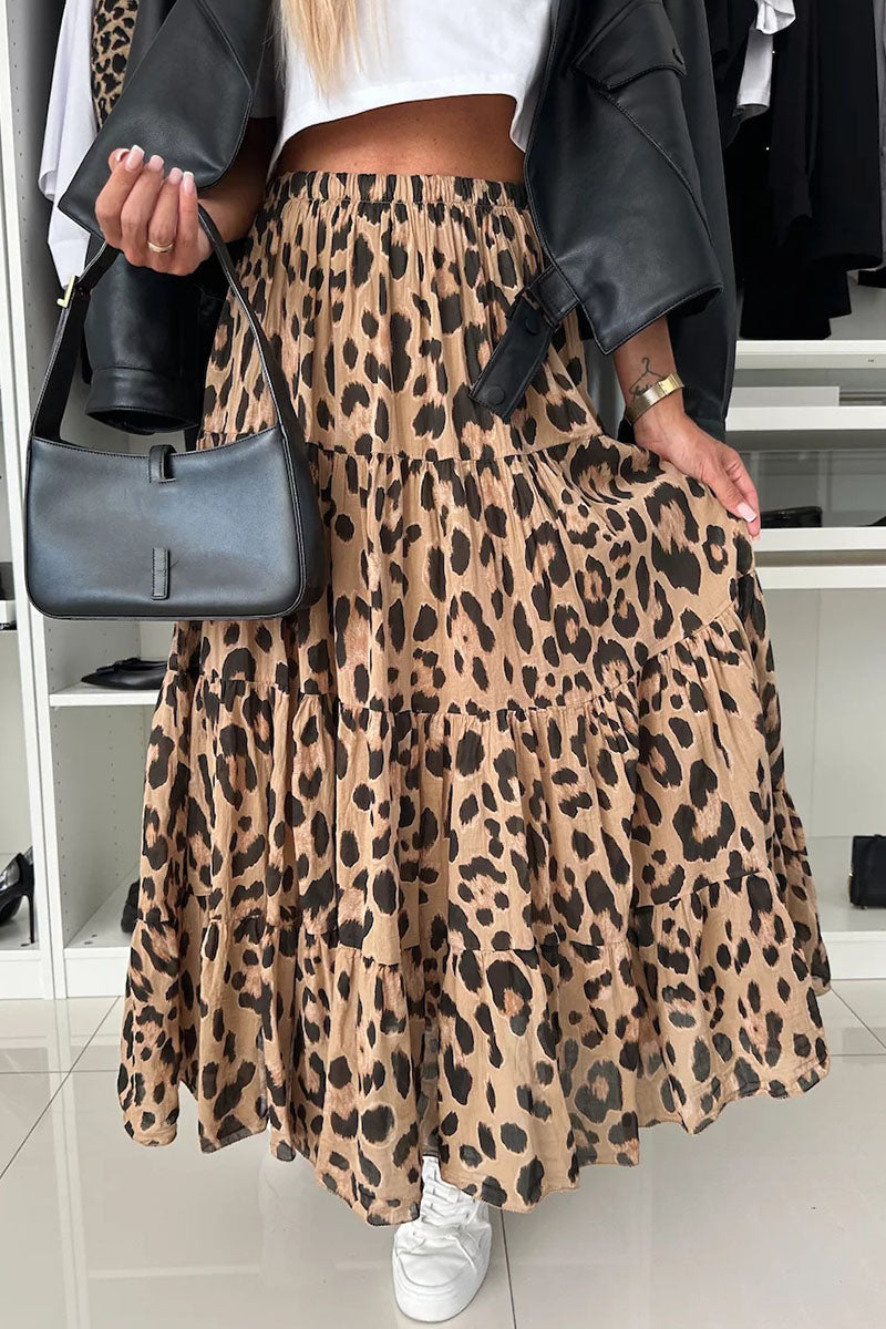 Leopard Print Tiered Maxi Skirt