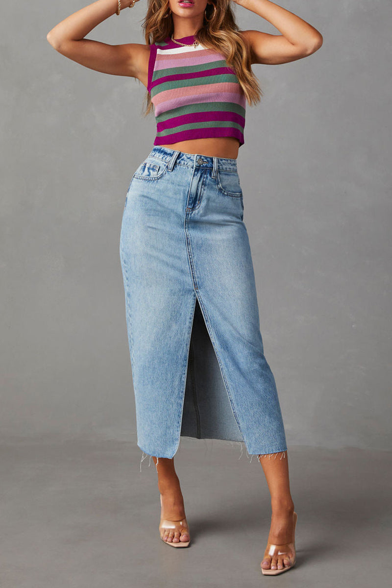 High-Rise Denim Midi Skirt