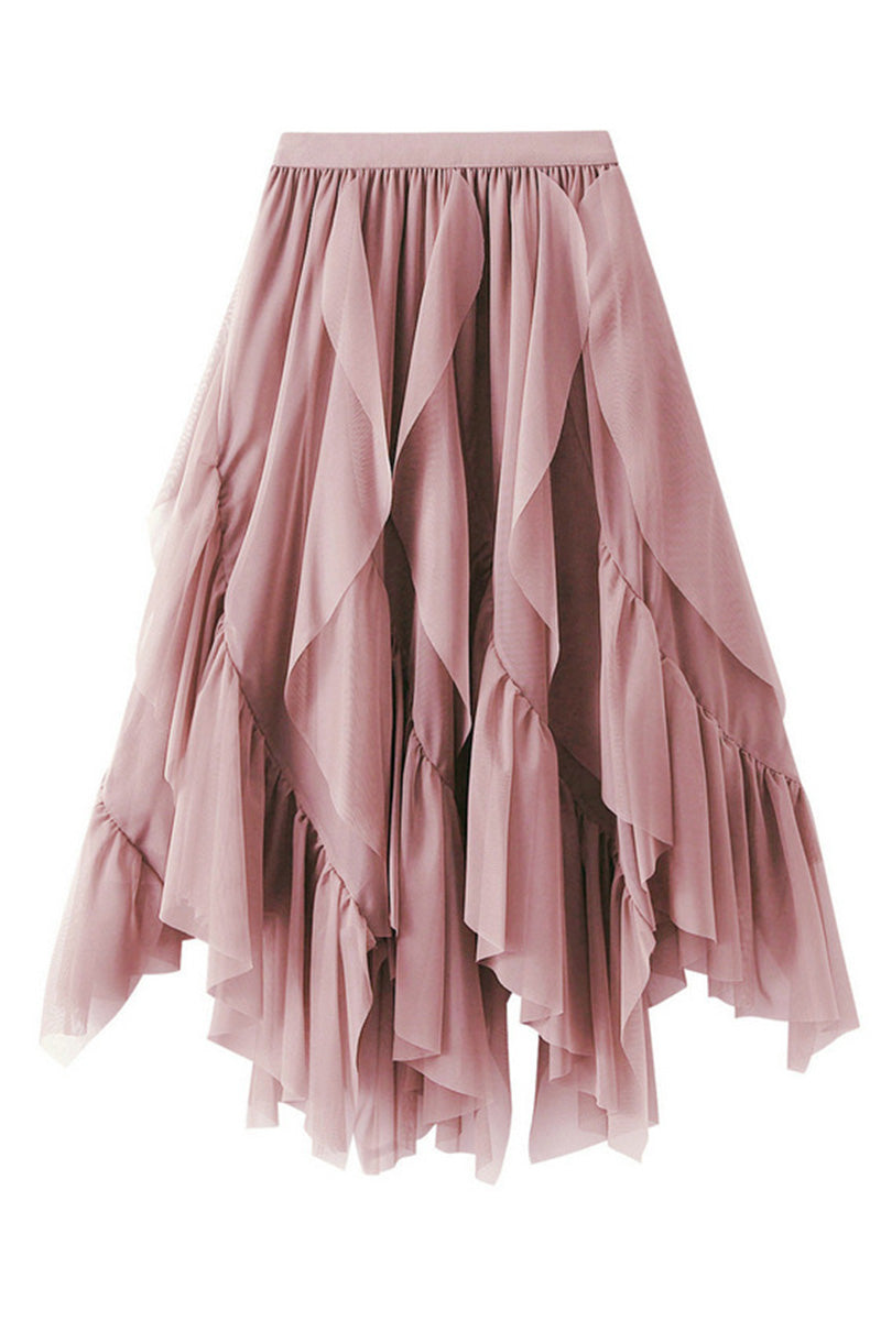 Layered Ruffle Midi Skirt with High-Low Hem