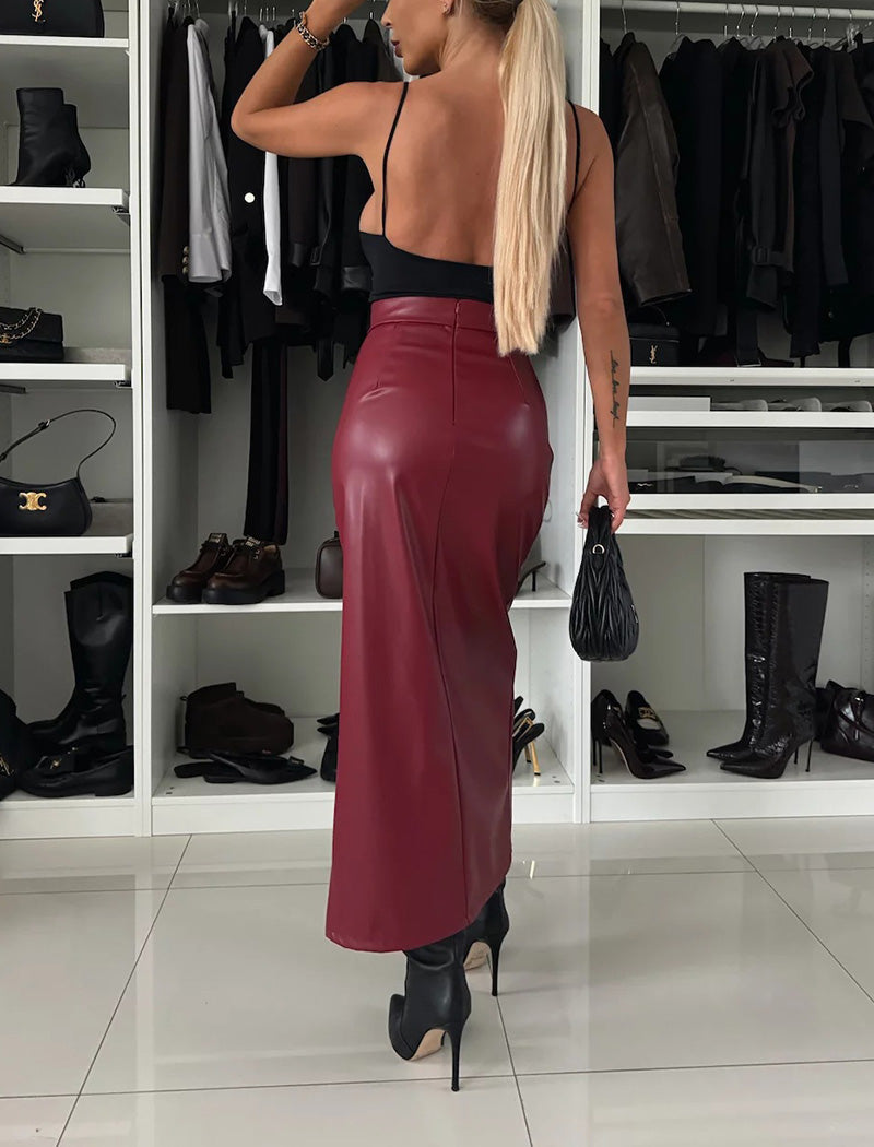 Faux Leather Midi Skirt with Side Slit