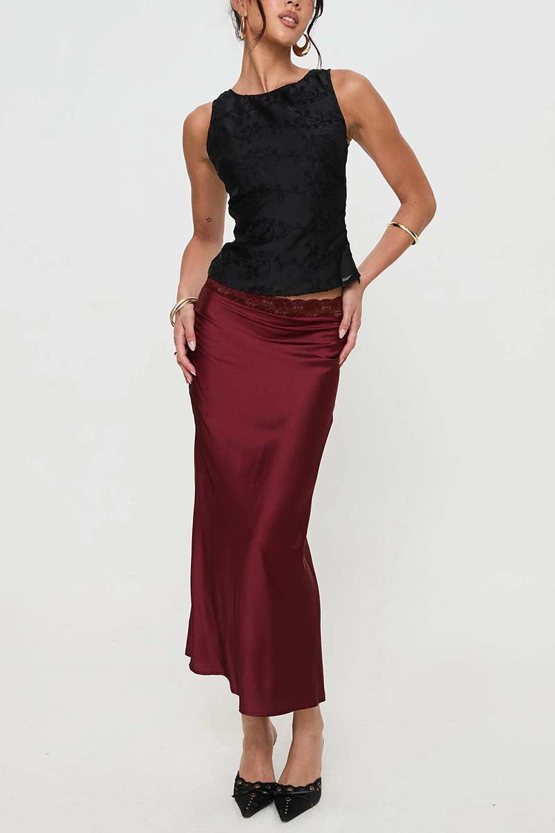 Satin Midi Skirt with Lace Detail