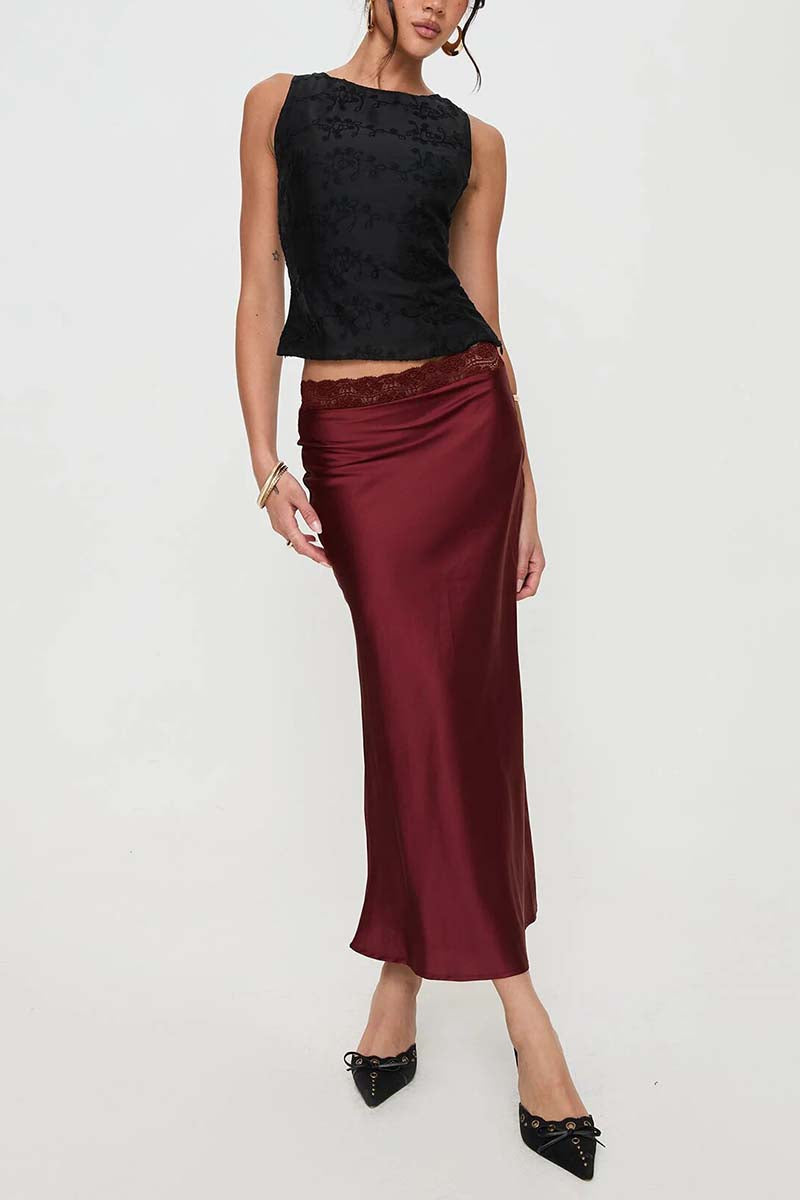 Satin Midi Skirt with Lace Detail