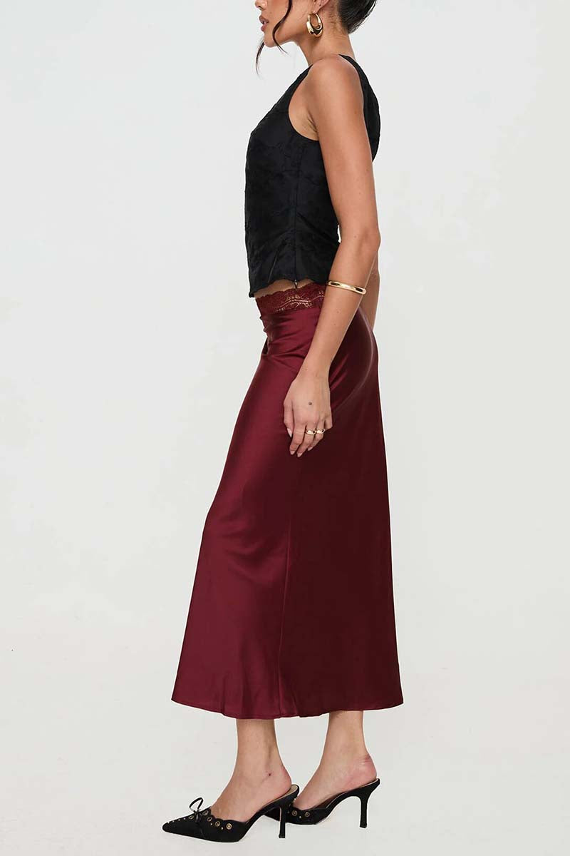 Satin Midi Skirt with Lace Detail