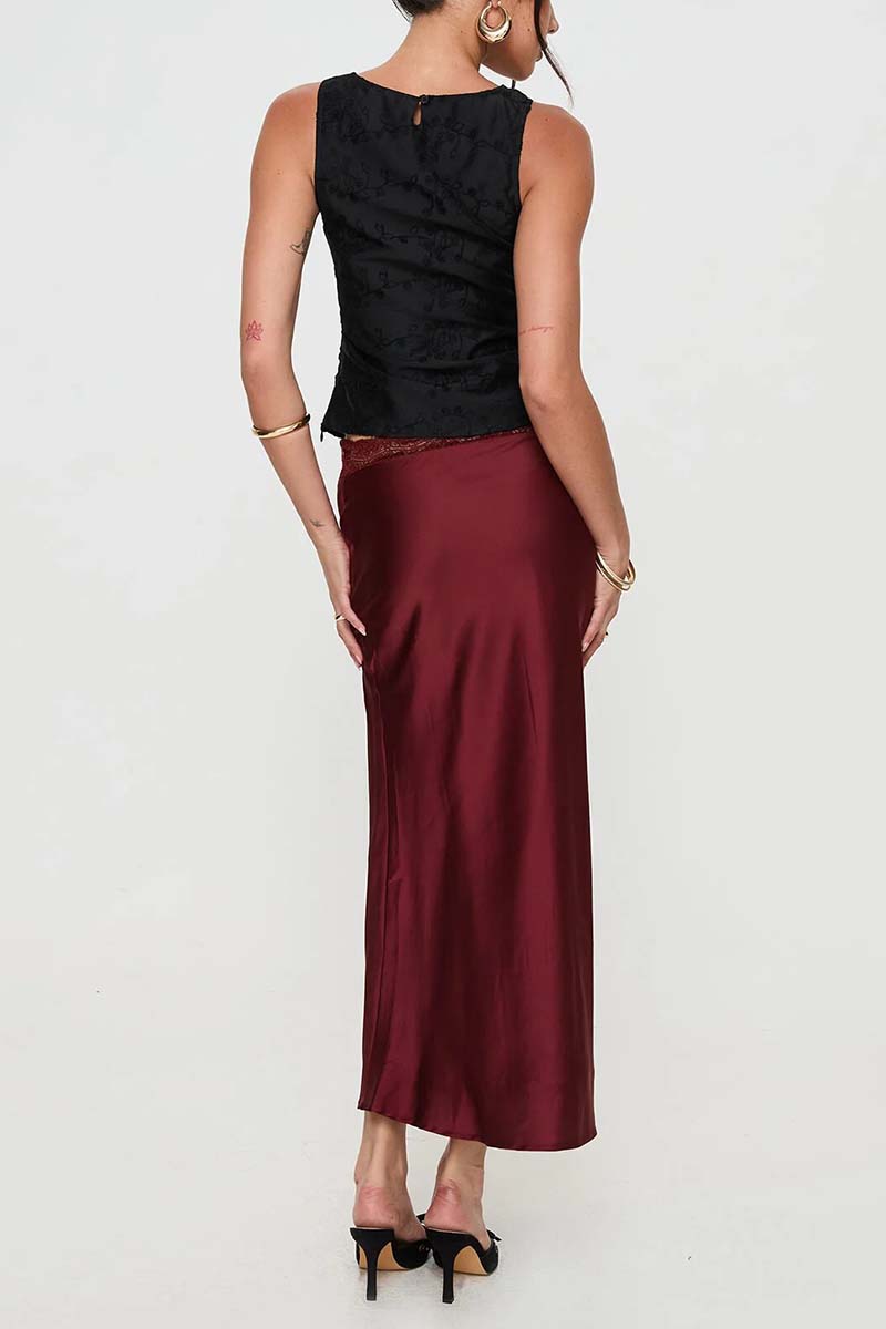 Satin Midi Skirt with Lace Detail